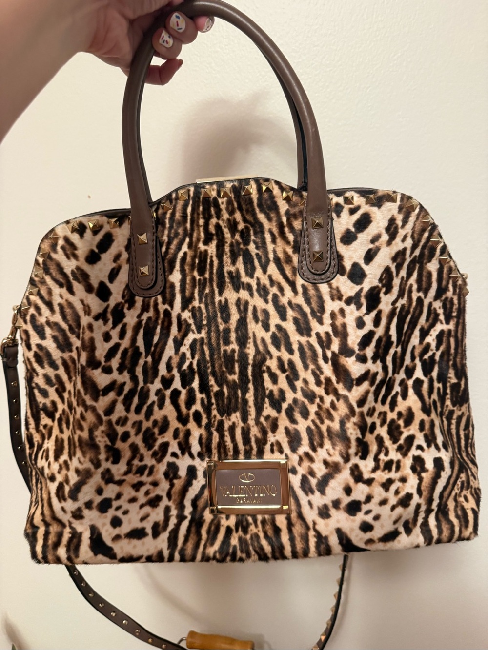 Valentino Rockstud Pony Hair Leopard-Print Top Handle Tote